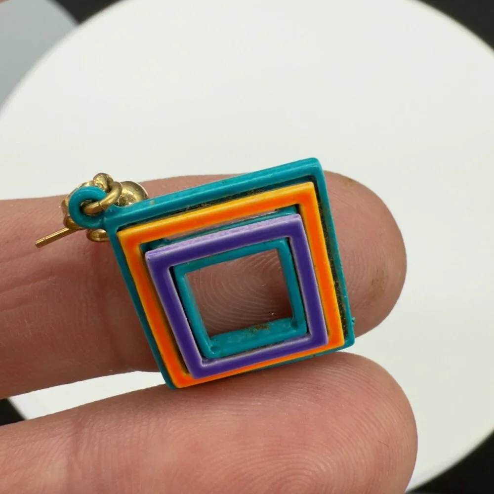 Vintage Bright Multicolor Retro Geometric Enamel Block Square Earrings 80's - Picture 7 of 10